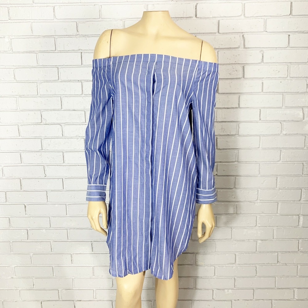 Equipment Femme Blue White Striped Off The Shoulder Shift Dress Long Sleeve | XS